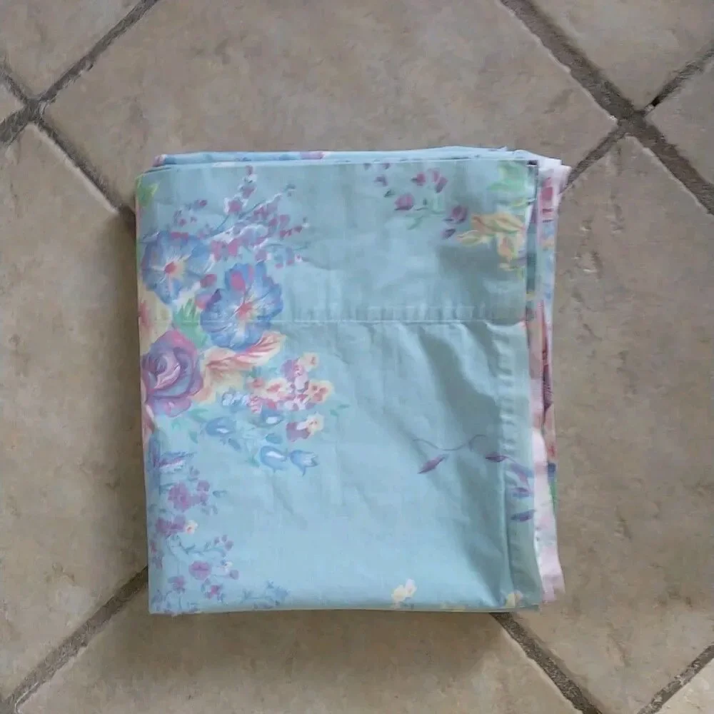 VTG Ralph Lauren Pompano Floral Flat Sheet Full Size Blue 100% Cotton